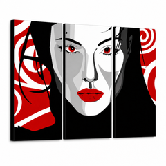 Dipinto a mano POP Art pittura Nizza DONNA 3 pezzi nwoman – Visualizzazione 3D del quadro dipinto a mano su sfondo bianco. Colori dominanti: nero, rosso, bianco.