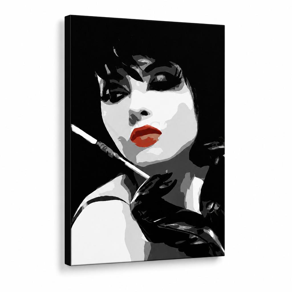 Dipinto a mano POP Art pittura Pop donna 1 pezzo ppw – Visualizzazione 3D del quadro dipinto a mano su sfondo bianco. Colori dominanti: nero, bianco, rosso.