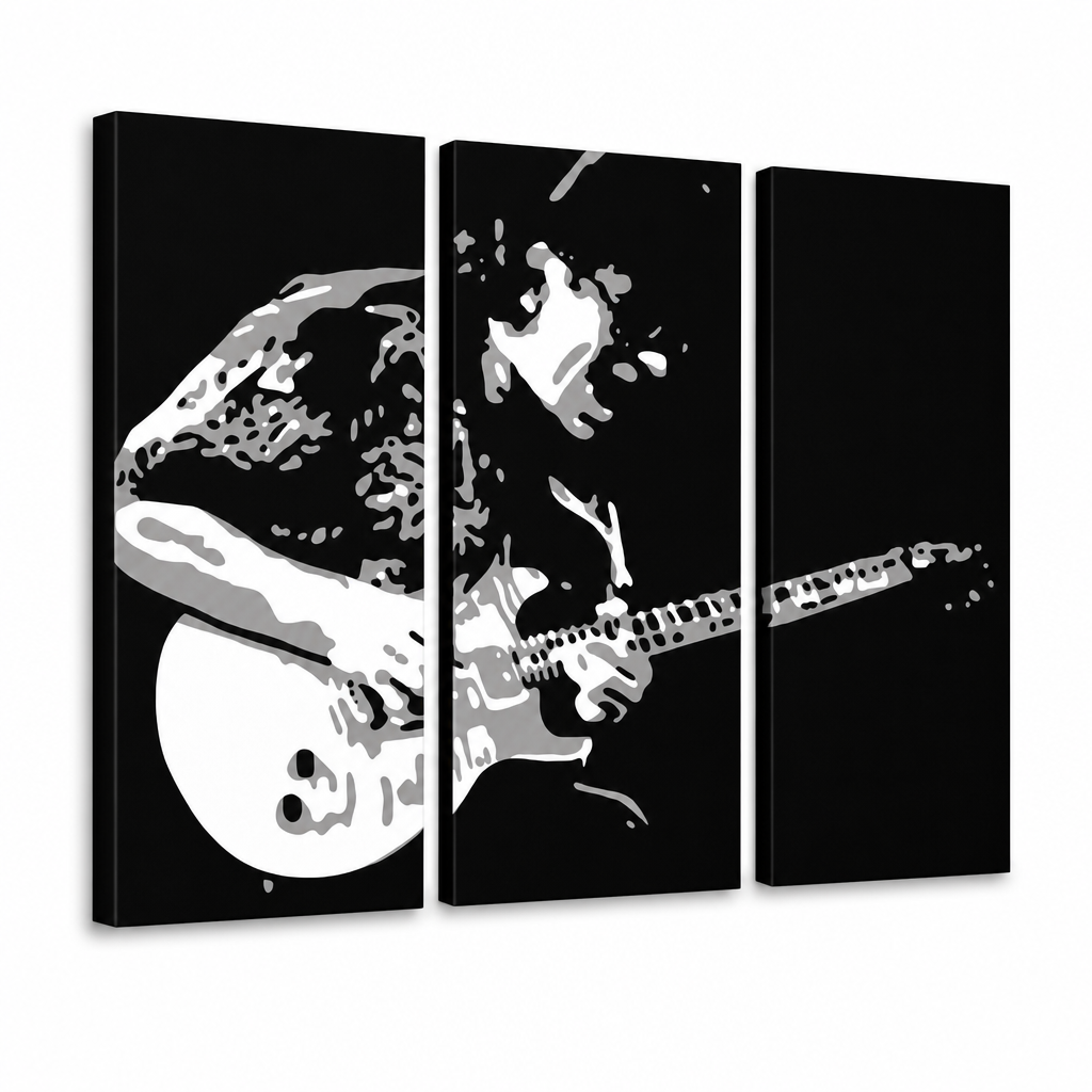 Dipinto a mano POP Art pittura Santana 3 pezzi san – Visualizzazione 3D del quadro dipinto a mano su sfondo bianco. Colori dominanti: nero, bianco, grigio.