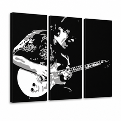 Dipinto a mano POP Art pittura Santana 3 pezzi san – Visualizzazione 3D del quadro dipinto a mano su sfondo bianco. Colori dominanti: nero, bianco, grigio.