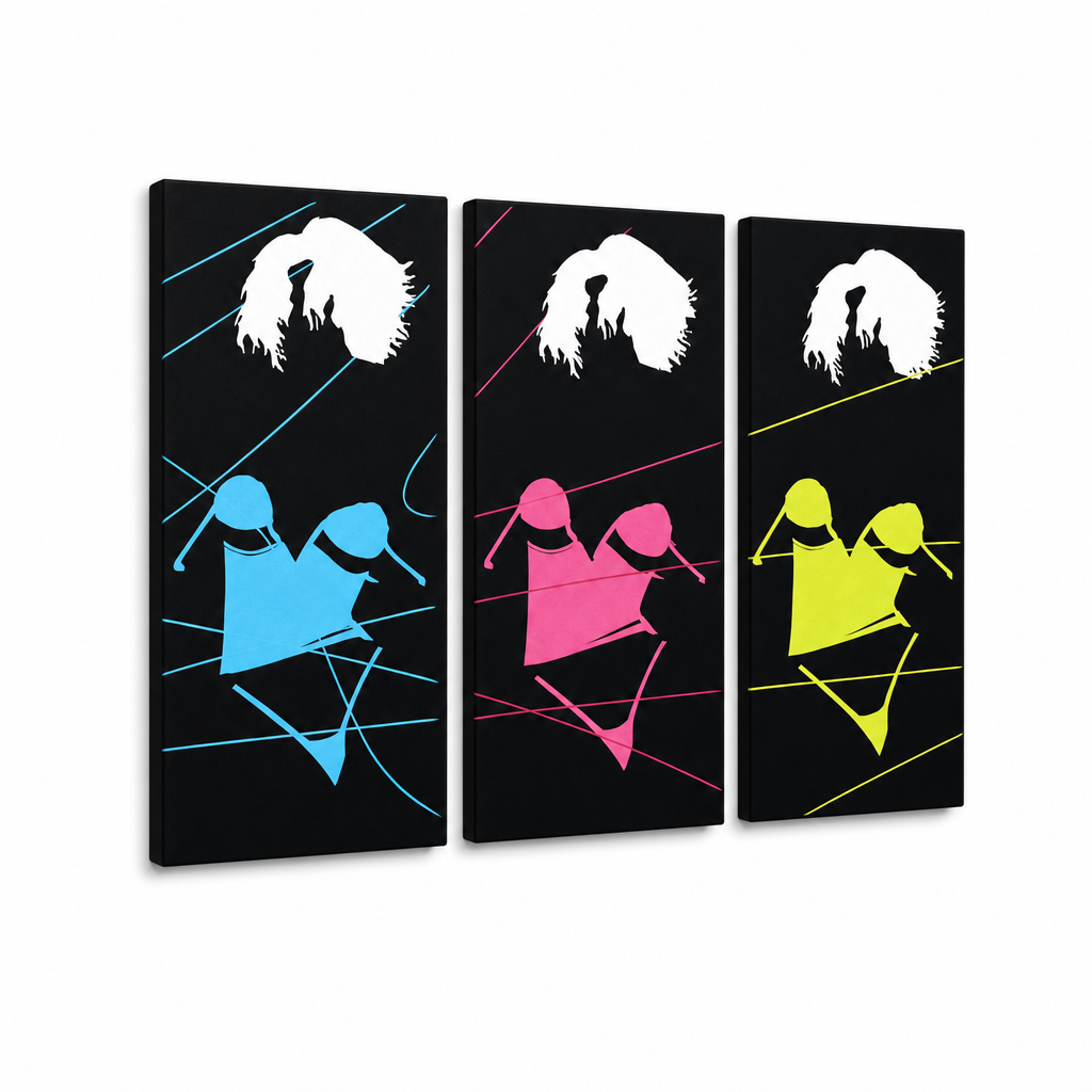 Dipinto a mano POP Art pittura Tre donna sexy 3 pezzo 3s – Visualizzazione 3D del quadro dipinto a mano su sfondo bianco. Colori dominanti: nero, blu, rosa, giallo.