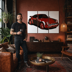 Dipinto a mano POP Art PORSCHE 911 3 pezzi por2 – quadro in un moderno interno maschile, visualizzazione lifestyle. Colori dominanti: rosso, nero, bianco.