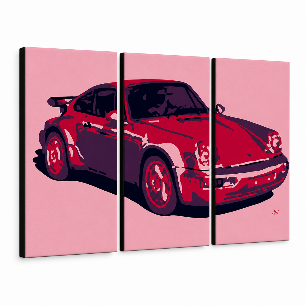Dipinto a mano POP Art PORSCHE 911 3 pezzi por3 – Visualizzazione 3D del quadro dipinto a mano su sfondo bianco. Colori dominanti: rosso, rosa, nero.