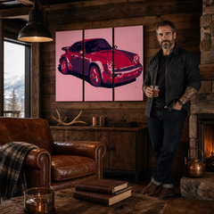 Dipinto a mano POP Art PORSCHE 911 3 pezzi por3 – quadro in un moderno interno maschile, visualizzazione lifestyle. Colori dominanti: rosso, rosa, nero.