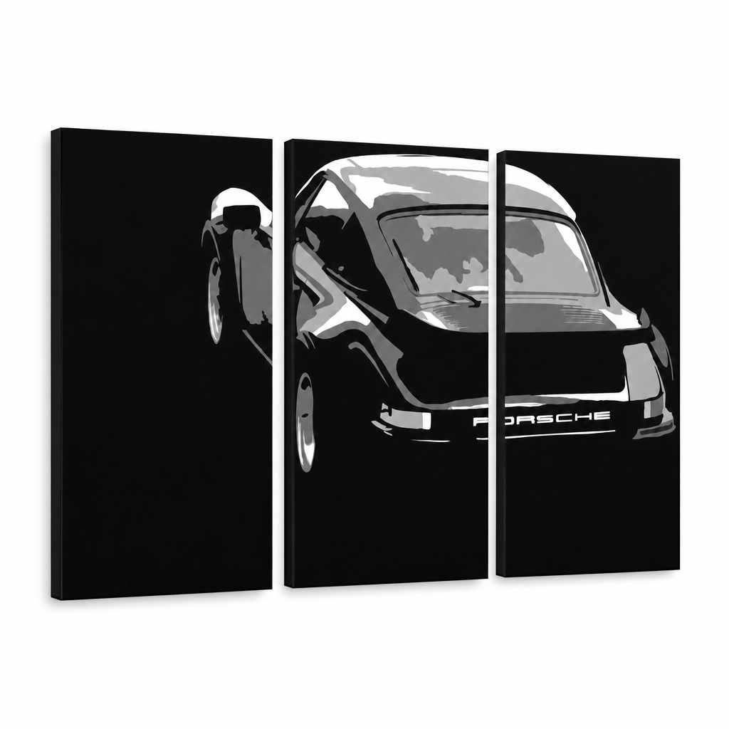Dipinto a mano POP Art PORSCHE 911 3 pezzi por4 – Visualizzazione 3D del quadro dipinto a mano su sfondo bianco. Colori dominanti: nero, bianco, grigio.