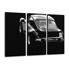Dipinto a mano POP Art PORSCHE 911 3 pezzi por4 – Visualizzazione 3D del quadro dipinto a mano su sfondo bianco. Colori dominanti: nero, bianco, grigio.