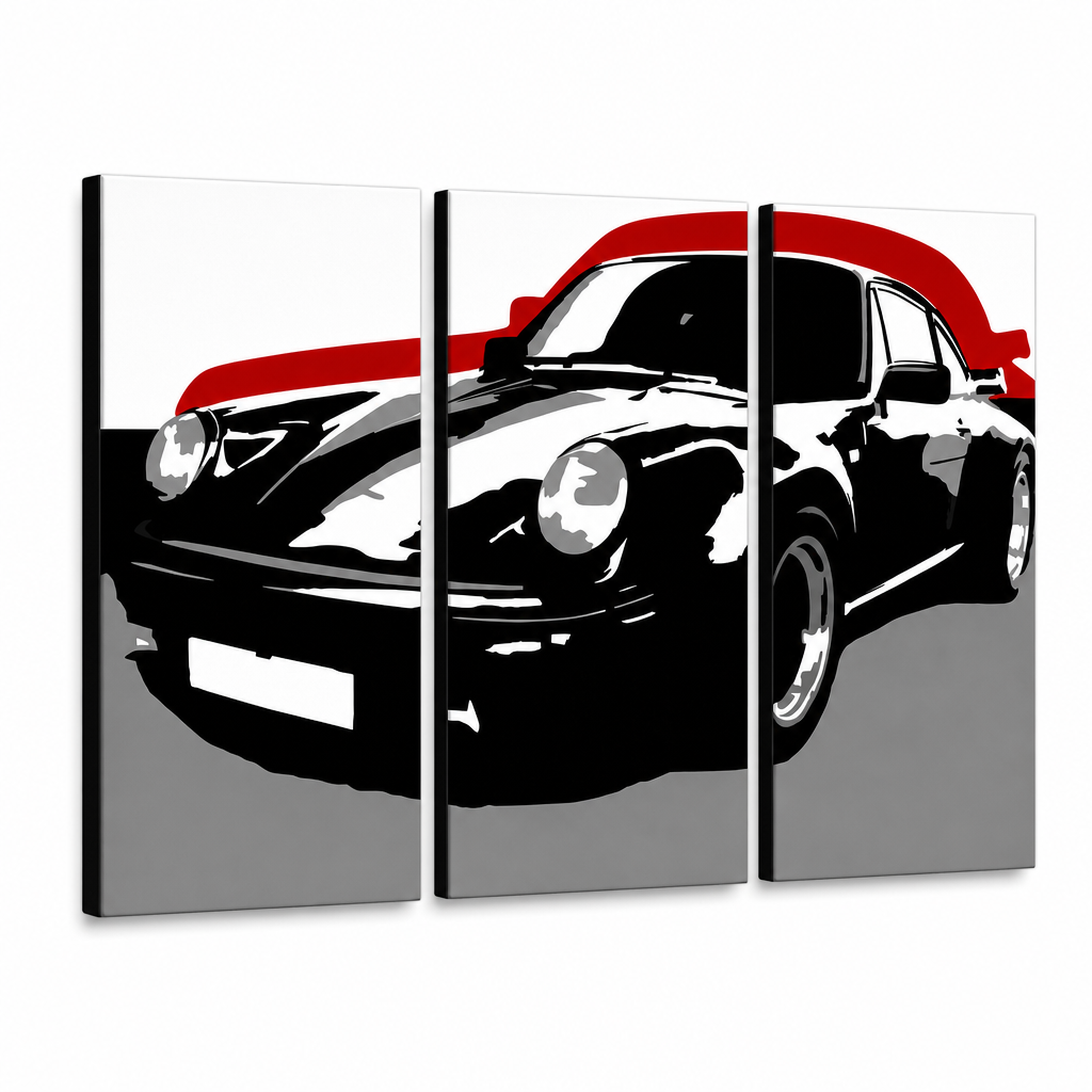Dipinto a mano POP Art PORSCHE 911 3 pezzi por5 – Visualizzazione 3D del quadro dipinto a mano su sfondo bianco. Colori dominanti: nero, rosso, grigio.