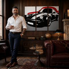 Dipinto a mano POP Art PORSCHE 911 3 pezzi por5 – quadro in un moderno interno maschile, visualizzazione lifestyle. Colori dominanti: nero, rosso, grigio.
