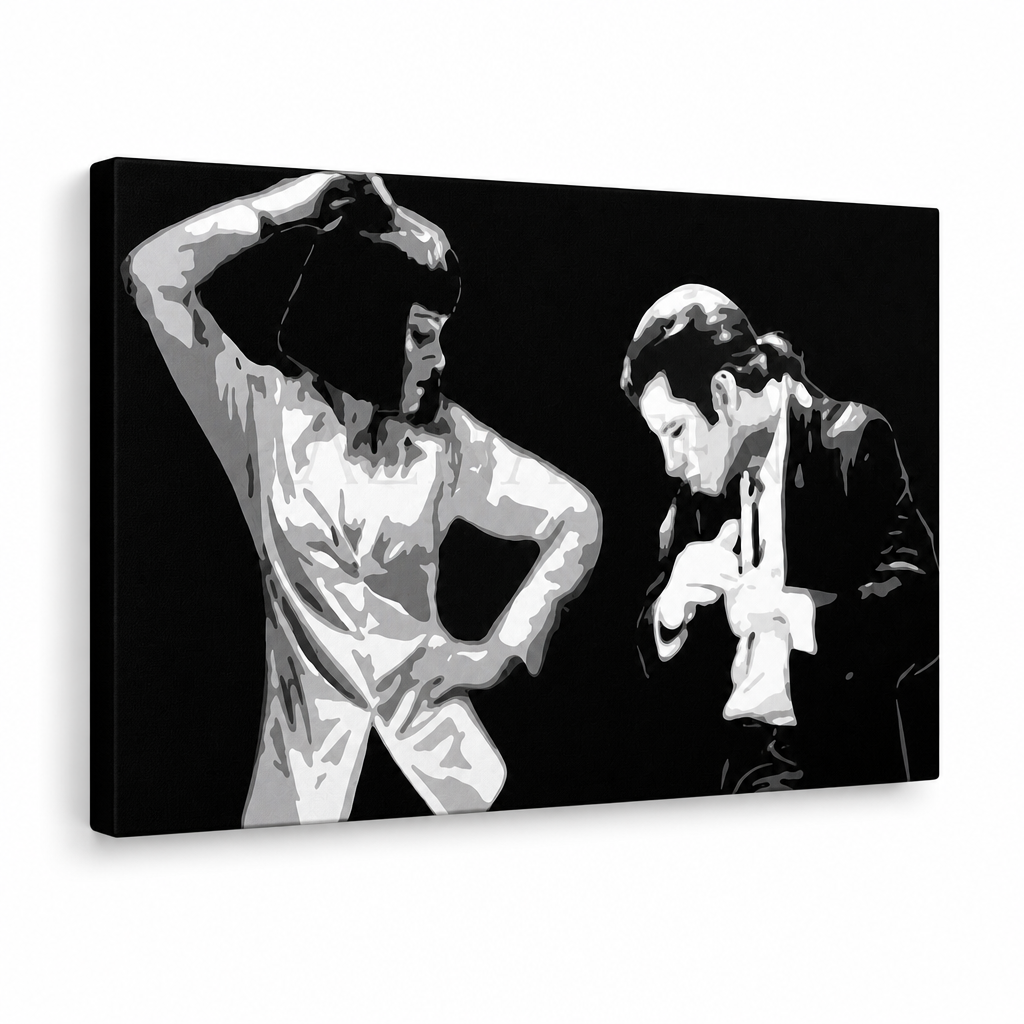 Dipinto a mano POP Art Pulp Fiction 1 pezzo pulp4 – Visualizzazione 3D del quadro dipinto a mano su sfondo bianco. Colori dominanti: nero, bianco, grigio.