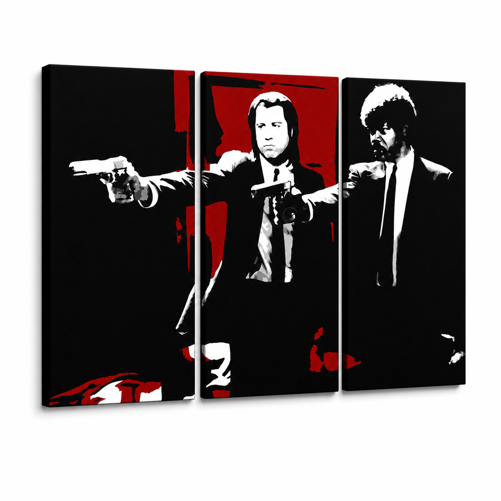 Dipinto a mano POP Art Pulp Fiction 3 pezzi pulp5 – Visualizzazione 3D del quadro dipinto a mano su sfondo bianco. Colori dominanti: nero, rosso, bianco.