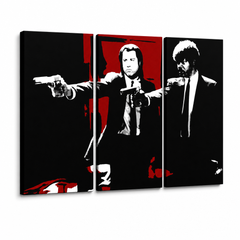 Dipinto a mano POP Art Pulp Fiction 3 pezzi pulp5 – Visualizzazione 3D del quadro dipinto a mano su sfondo bianco. Colori dominanti: nero, rosso, bianco.
