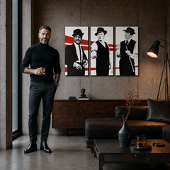 Dipinto a mano POP Art Rat Pack 3 pezzi rp – quadro in un moderno interno maschile, visualizzazione lifestyle. Colori dominanti: nero, bianco, rosso.
