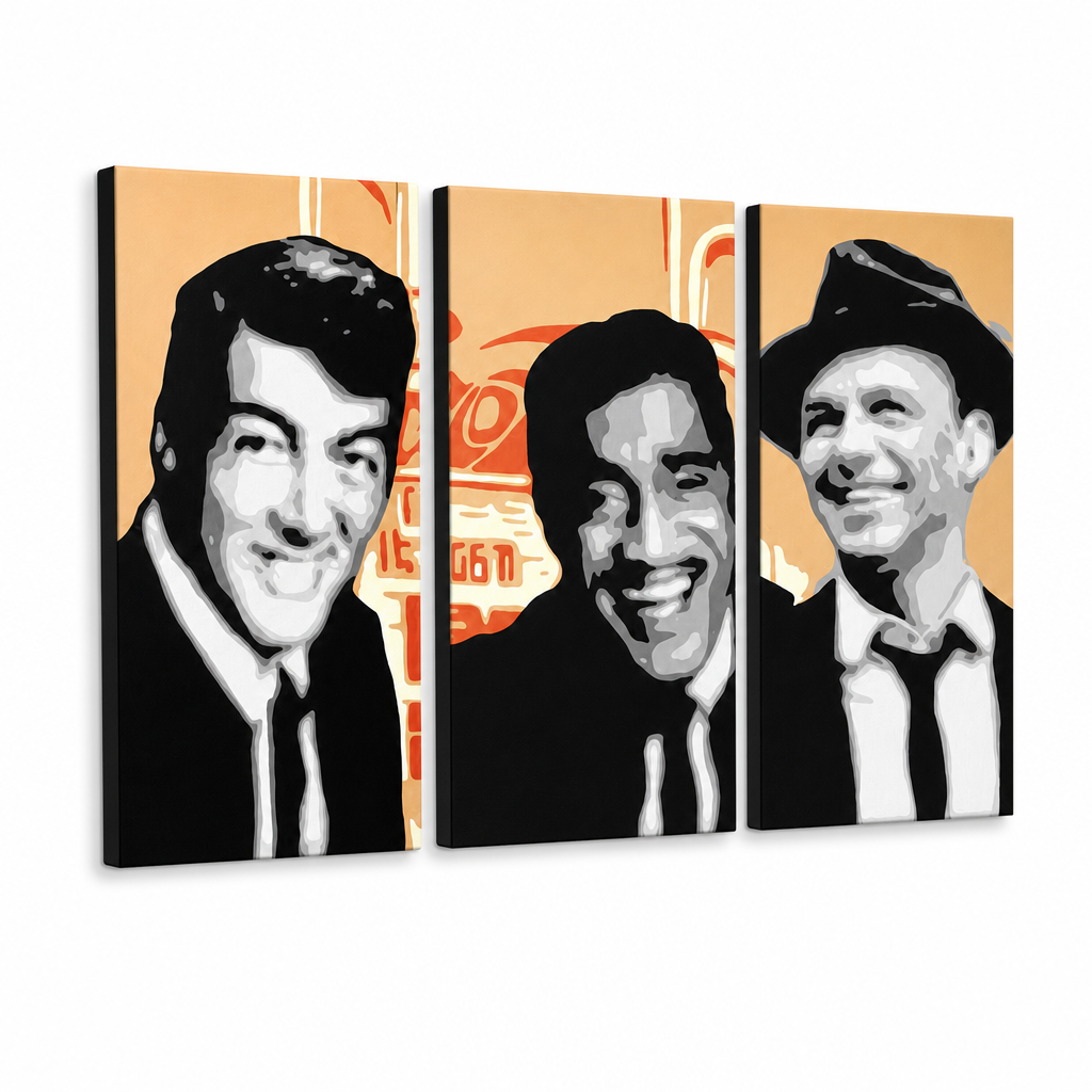 Dipinto a mano POP Art Rat Pack 3 pezzi rp3 – Visualizzazione 3D del quadro dipinto a mano su sfondo bianco. Colori dominanti: nero, bianco, arancione.