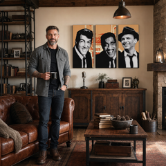 Dipinto a mano POP Art Rat Pack 3 pezzi rp3 – quadro in un moderno interno maschile, visualizzazione lifestyle. Colori dominanti: nero, bianco, arancione.