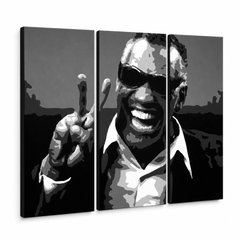 Dipinto a mano POP Art Ray Charles 3 pezzi rc – Visualizzazione 3D del quadro dipinto a mano su sfondo bianco. Colori dominanti: nero, bianco, grigio.