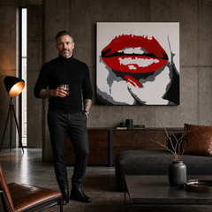 Dipinto a mano POP Art RED LIPS 1 pezzo mund – quadro in un moderno interno maschile, visualizzazione lifestyle. Colori dominanti: rosso, nero, bianco.