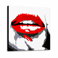Dipinto a mano POP Art RED LIPS 1 pezzo mund – Visualizzazione 3D del quadro dipinto a mano su sfondo bianco. Colori dominanti: rosso, nero, bianco.