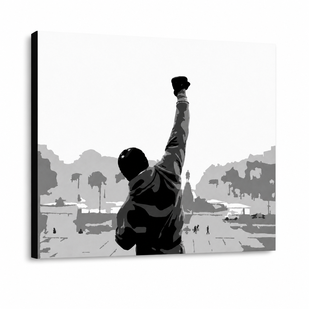 Dipinto a mano POP Art ROCKY 1 pezzo rocky – Visualizzazione 3D del quadro dipinto a mano su sfondo bianco. Colori dominanti: nero, bianco, grigio.