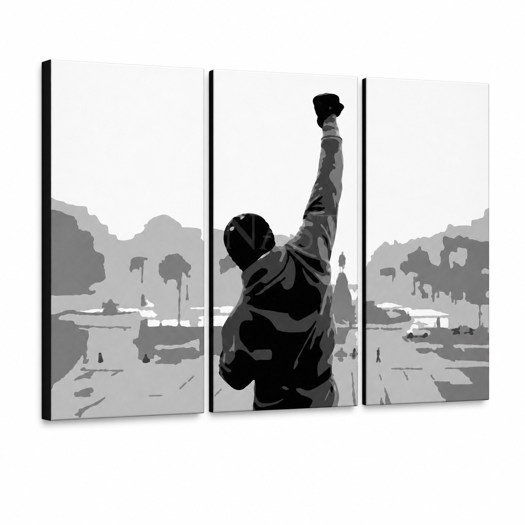 Dipinto a mano POP Art ROCKY 3 pezzi rocky2 – Visualizzazione 3D del quadro dipinto a mano su sfondo bianco. Colori dominanti: nero, grigio, bianco.