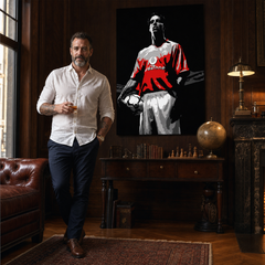 Dipinto a mano POP Art Ruud van Nistelrooy 1 pezzo rvn – quadro in un moderno interno maschile, visualizzazione lifestyle. Colori dominanti: nero, rosso, bianco, grigio.