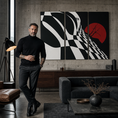 Dipinto a mano POP Art Scacchiera astratta 3 pezzi fl – quadro in un moderno interno maschile, visualizzazione lifestyle. Colori dominanti: nero, bianco, rosso.