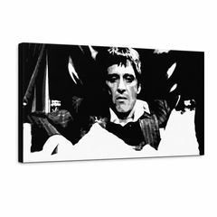 Dipinto a mano POP Art Scarface 1 parte smk – Visualizzazione 3D del quadro dipinto a mano su sfondo bianco. Colori dominanti: nero, bianco, grigio.