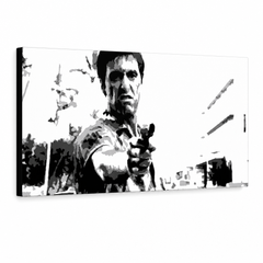 Dipinto a mano POP Art Scarface 1 parte smp – Visualizzazione 3D del quadro dipinto a mano su sfondo bianco. Colori dominanti: nero, bianco, grigio.