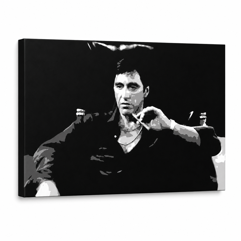 Dipinto a mano POP Art Scarface 1 pezzo smz – Visualizzazione 3D del quadro dipinto a mano su sfondo bianco. Colori dominanti: nero, bianco, grigio.