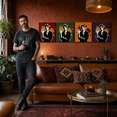 Dipinto a mano POP Art Scarface - AL PACINO 4 pezzi 200x50cm al37 – quadro in un moderno interno maschile, visualizzazione lifestyle. Colori dominanti: nero, arancione, rosso, verde, viola.
