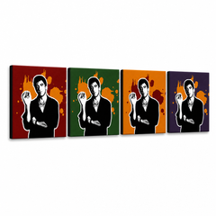 Dipinto a mano POP Art Scarface - AL PACINO 4 pezzi 200x50cm al37 – Visualizzazione 3D del quadro dipinto a mano su sfondo bianco. Colori dominanti: nero, arancione, rosso, verde, viola.