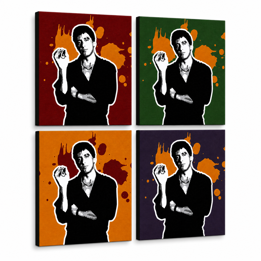 Dipinto a mano POP Art Scarface - AL PACINO 4 pezzi al36 – Visualizzazione 3D del quadro dipinto a mano su sfondo bianco. Colori dominanti: nero, arancione, rosso, verde, viola.