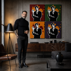 Dipinto a mano POP Art Scarface - AL PACINO 4 pezzi al36 – quadro in un moderno interno maschile, visualizzazione lifestyle. Colori dominanti: nero, arancione, rosso, verde, viola.