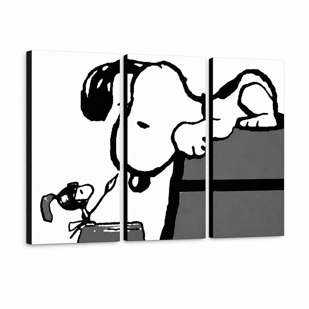 Dipinto a mano POP Art SNOOPY 3 parti snoopy3 – Visualizzazione 3D del quadro dipinto a mano su sfondo bianco. Colori dominanti: nero, bianco, grigio.
