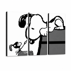 Dipinto a mano POP Art SNOOPY 3 parti snoopy3 – Visualizzazione 3D del quadro dipinto a mano su sfondo bianco. Colori dominanti: nero, bianco, grigio.