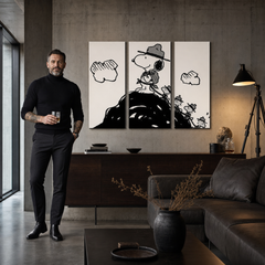 Dipinto a mano POP Art SNOOPY 3 pezzi snoopy2 – quadro in un moderno interno maschile, visualizzazione lifestyle. Colori dominanti: nero, bianco.