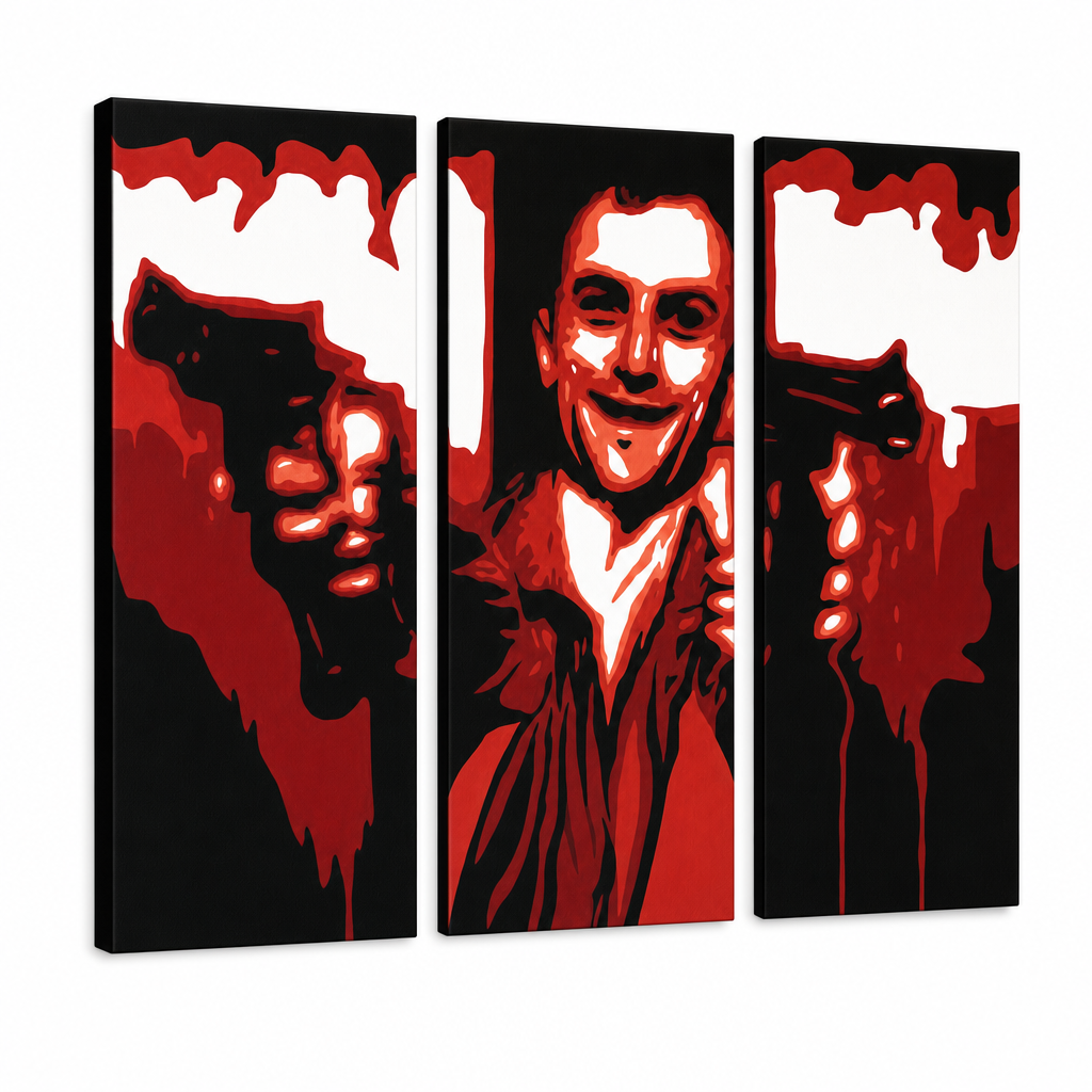 Dipinto a mano POP Art Taxi Driver 3 parti taxi2 – Visualizzazione 3D del quadro dipinto a mano su sfondo bianco. Colori dominanti: nero, rosso, bianco.
