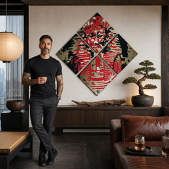 Dipinto a mano POP Art Tutan Chamon 4 pezzi qui – quadro in un moderno interno maschile, visualizzazione lifestyle. Colori dominanti: nero, rosso, marrone.