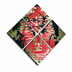 Dipinto a mano POP Art Tutan Chamon 4 pezzi qui – Visualizzazione 3D del quadro dipinto a mano su sfondo bianco. Colori dominanti: nero, rosso, marrone.