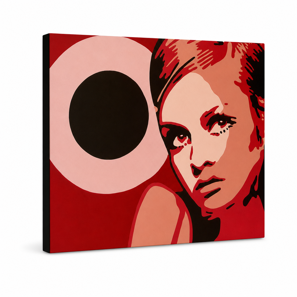 Dipinto a mano POP Art Twigy 1 pezzo 0001 tw – Visualizzazione 3D del quadro dipinto a mano su sfondo bianco. Colori dominanti: rosso, rosa, nero, beige, arancione.