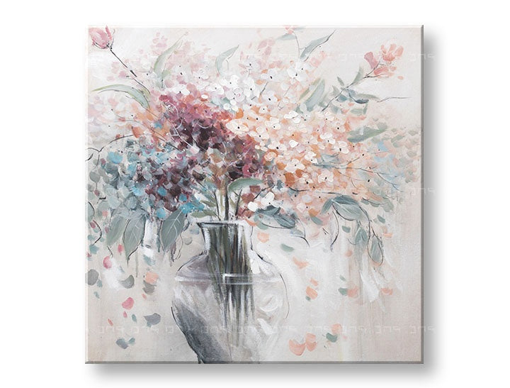 Papilora: Quadro su tela dipinto a mano con vivaci fiori multicolori, visto in prospettiva 3D, dimensioni 80x80 cm, perfetto per un tocco artistico.