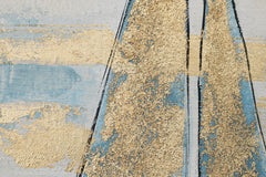 Dettaglio ravvicinato di un dipinto su tela 80x80 cm con barche, che mostra la ricca texture materica e le pennellate artigianali nei toni del bianco, blu, oro e nero.