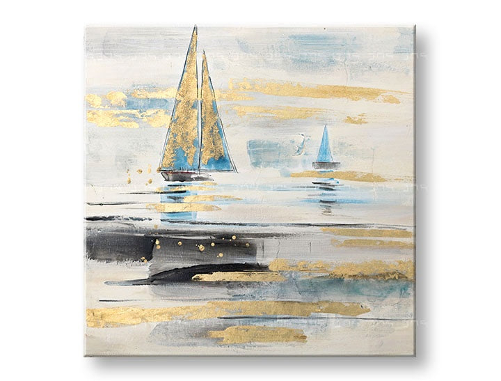 Papilora: Dipinto su tela 80x80 cm raffigurante barche in stile moderno, con texture materica e colori bianco, blu, oro e nero, visto in prospettiva 3D.