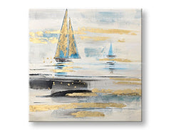 Papilora: Dipinto su tela 80x80 cm raffigurante barche in stile moderno, con texture materica e colori bianco, blu, oro e nero, visto in prospettiva 3D.