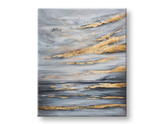 Dipinto a mano su tela Papilora, 'Cielo' 90x110 cm, vista 3D. Orizzonte marino astratto in toni grigi con accenti dorati metallici e texture visibile.