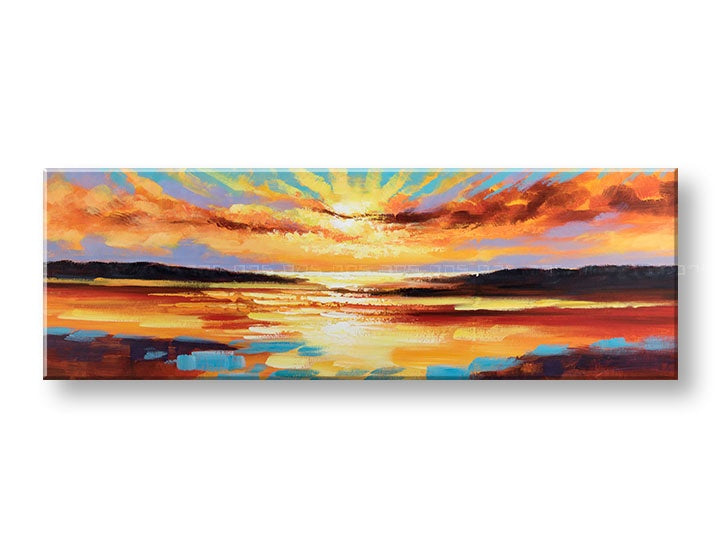 Dipinto su tela Papilora, opera d'arte originale raffigurante un tramonto vibrante con sfumature di arancione, rosso e blu, in prospettiva 3D, dimensioni 150x50 cm.