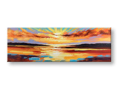 Dipinto su tela Papilora, opera d'arte originale raffigurante un tramonto vibrante con sfumature di arancione, rosso e blu, in prospettiva 3D, dimensioni 150x50 cm.