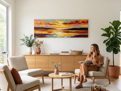 Quadro dipinto a mano su tela, soggetto tramonto, colori caldi e freddi, appeso in un moderno soggiorno, dimensioni 150x50 cm, ideale per decorare la parete.