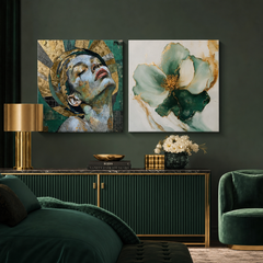 Dittico di 2 quadri Eleganza Smeraldo in un elegante interno con palette smeraldo e oro, per un tocco di lusso.