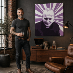 Immagine POP Art di Giovanni Paolo II dipinta a mano. 1 parte jp2 – quadro in un moderno interno maschile, visualizzazione lifestyle. Colori dominanti: viola, nero, bianco.