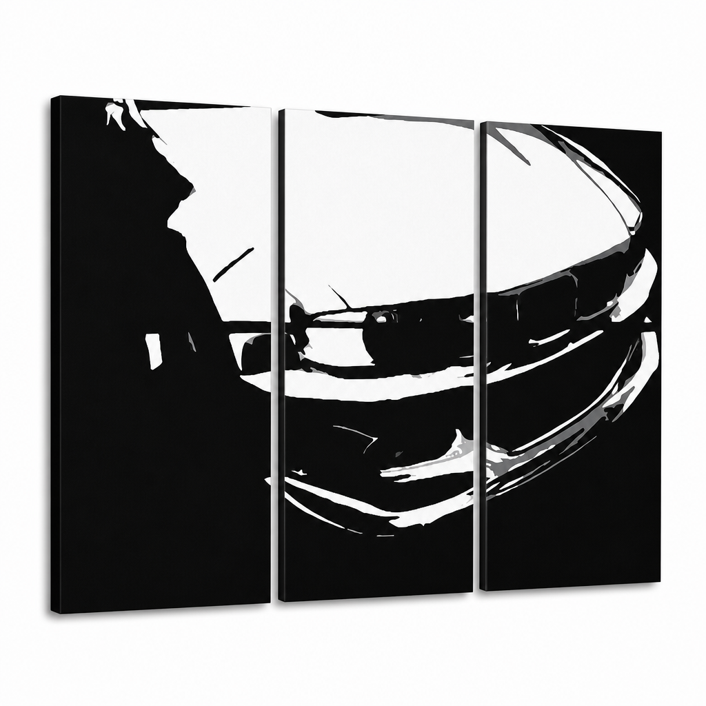 Immagine POP Art dipinta a mano di BMW M3 3 pezzi bmw – Visualizzazione 3D del quadro dipinto a mano su sfondo bianco. Colori dominanti: nero, bianco.